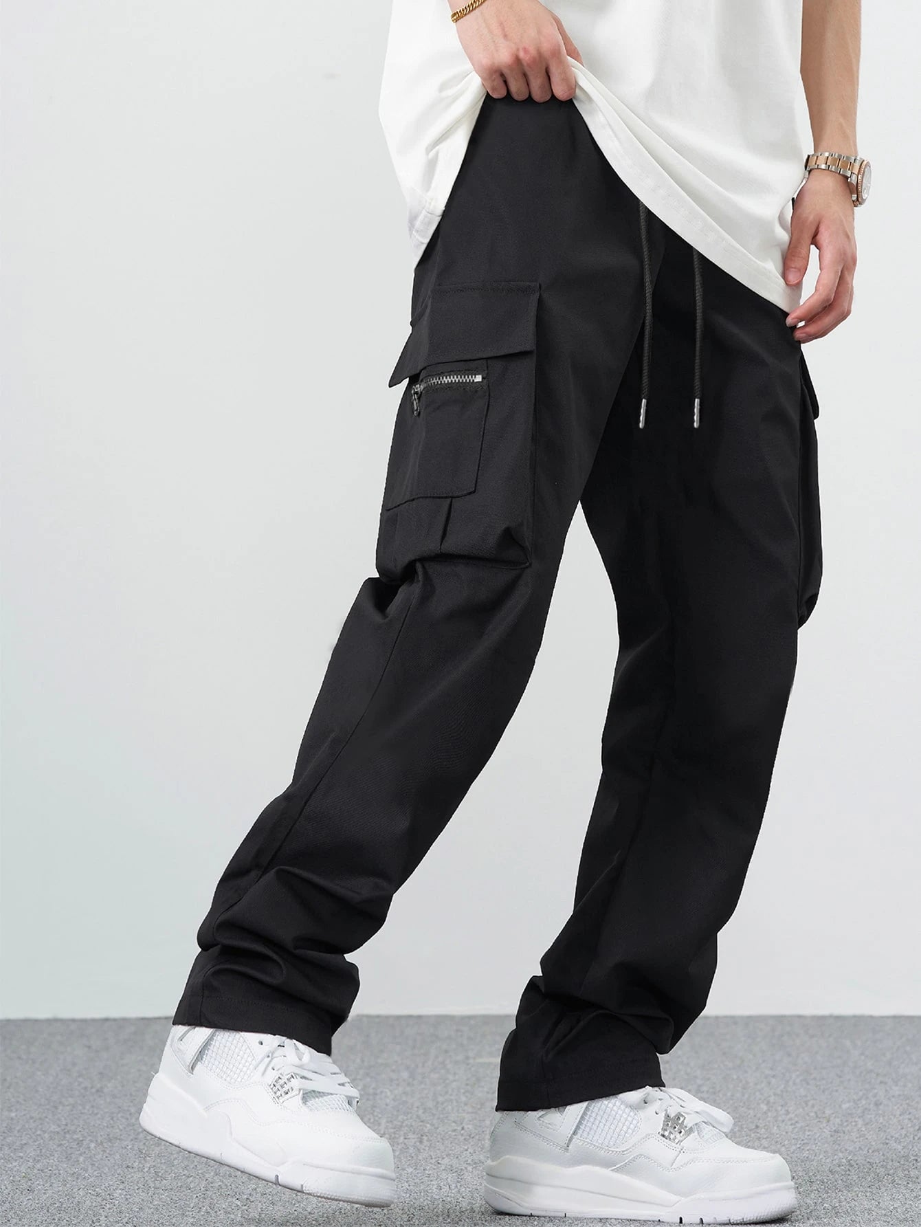 Manfinity Hypemode Loose Men'S Cargo Pants with Drawstring Waist Baggy Long Plain Black Going Out, Back to School
