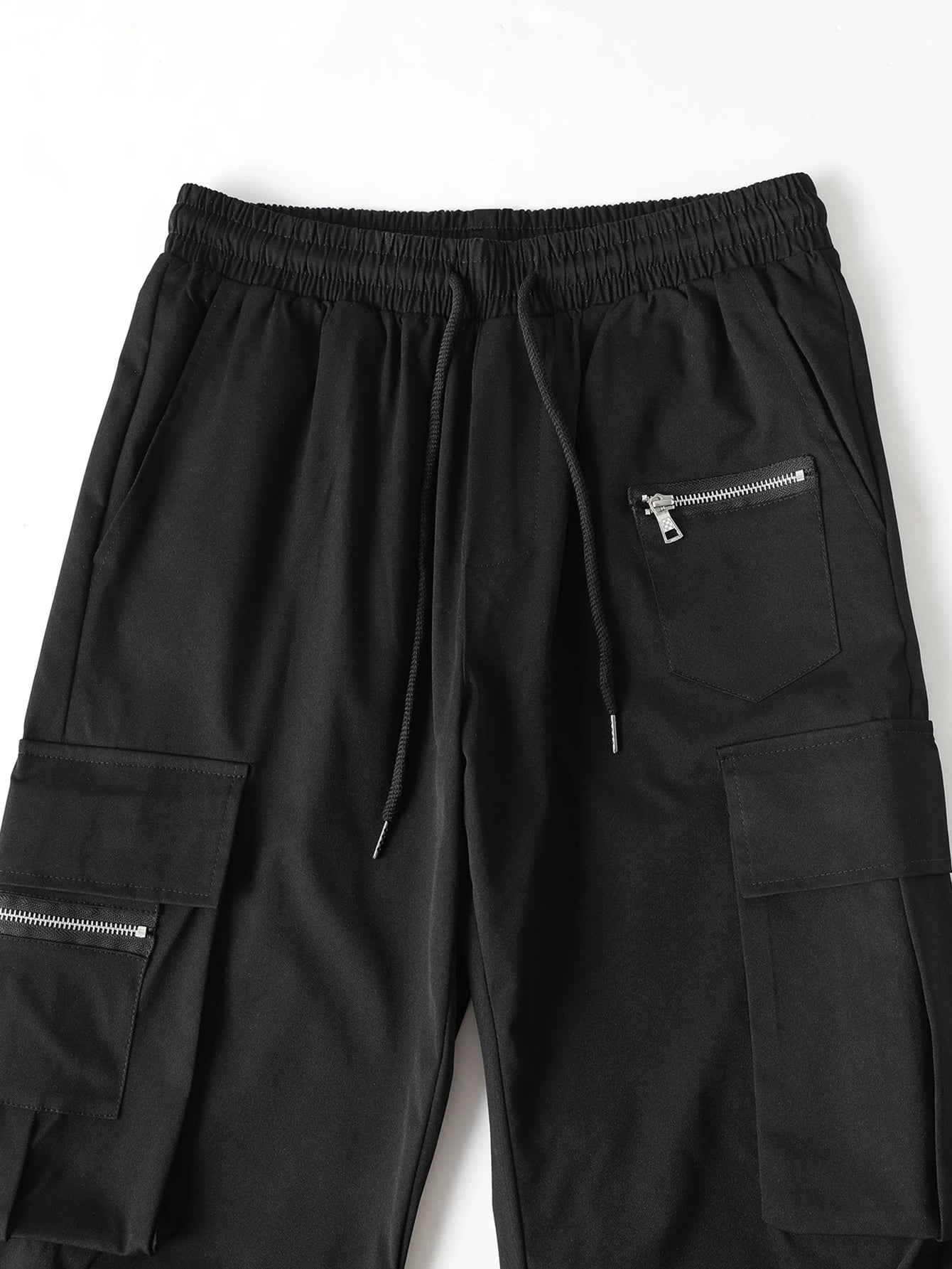 Manfinity Hypemode Loose Men'S Cargo Pants with Drawstring Waist Baggy Long Plain Black Going Out, Back to School