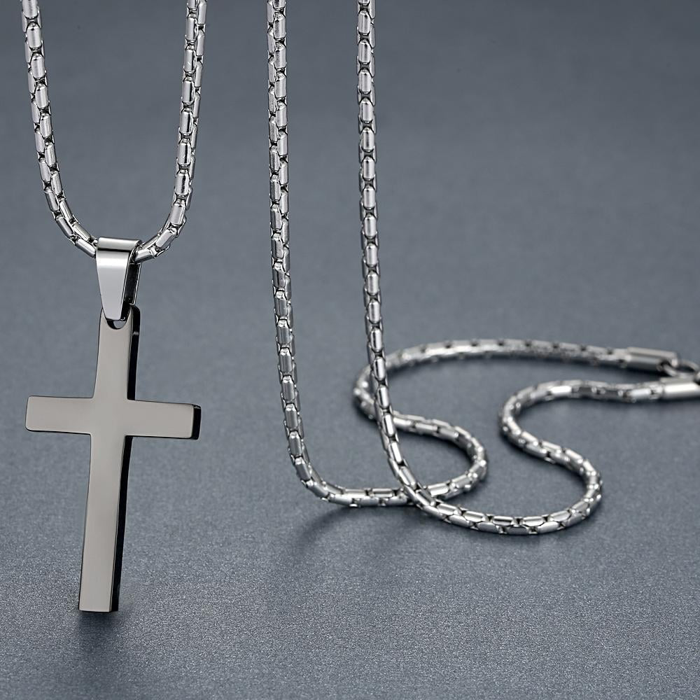 Cross Pendant Black Necklace, Stainless Steel, 21"