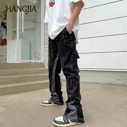 Men'S Vintage Streetwear Flared Jeans Pants Hip Hop Wide Leg Jean Overalls Fashionable Retro Patchwork Ink Splashing