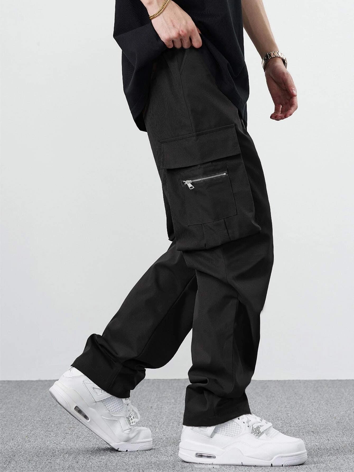 Manfinity Hypemode Loose Men'S Cargo Pants with Drawstring Waist Baggy Long Plain Black Going Out, Back to School